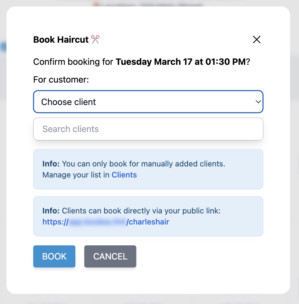 Book for a client from the agenda