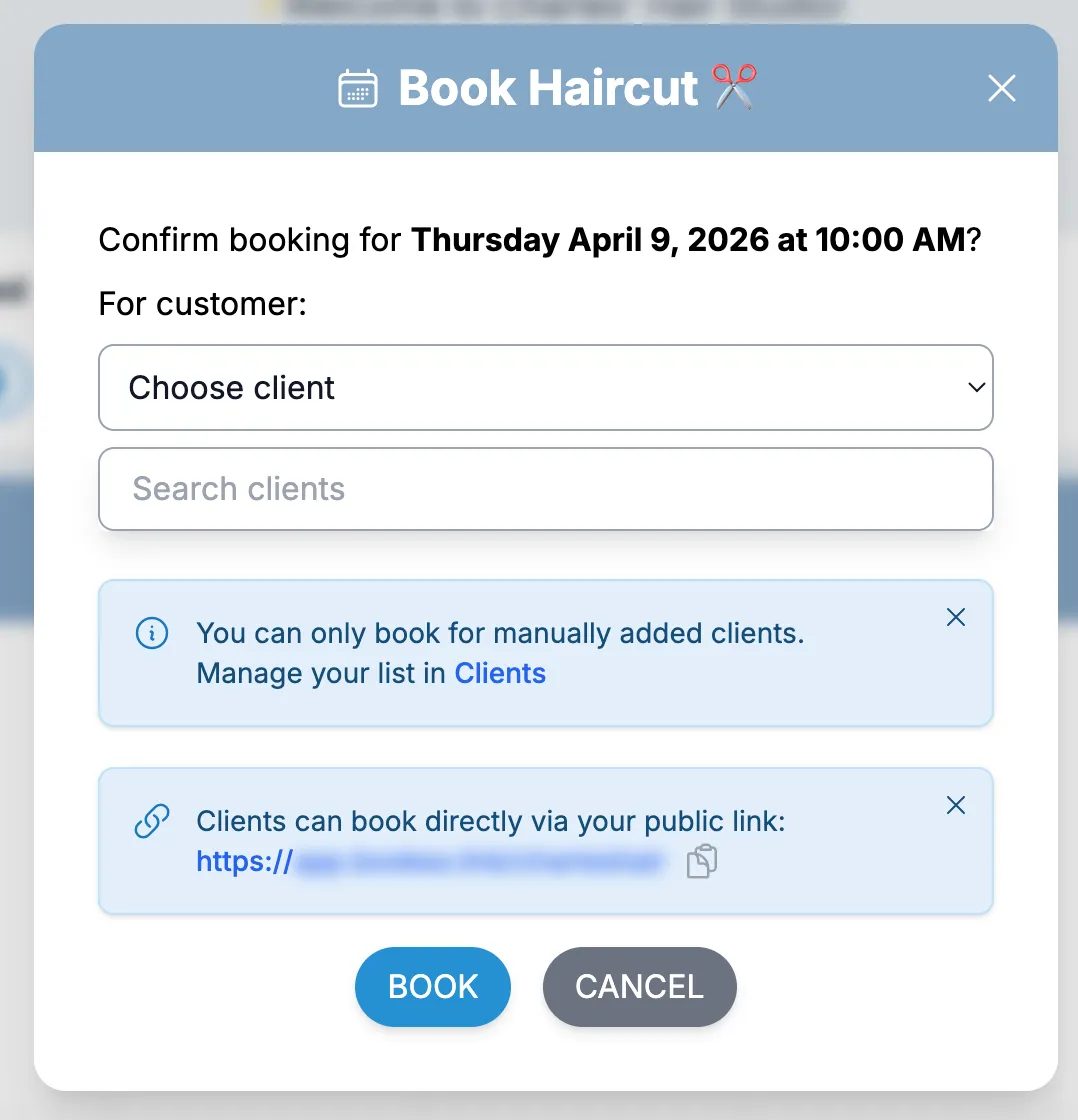 Book for a client from the agenda