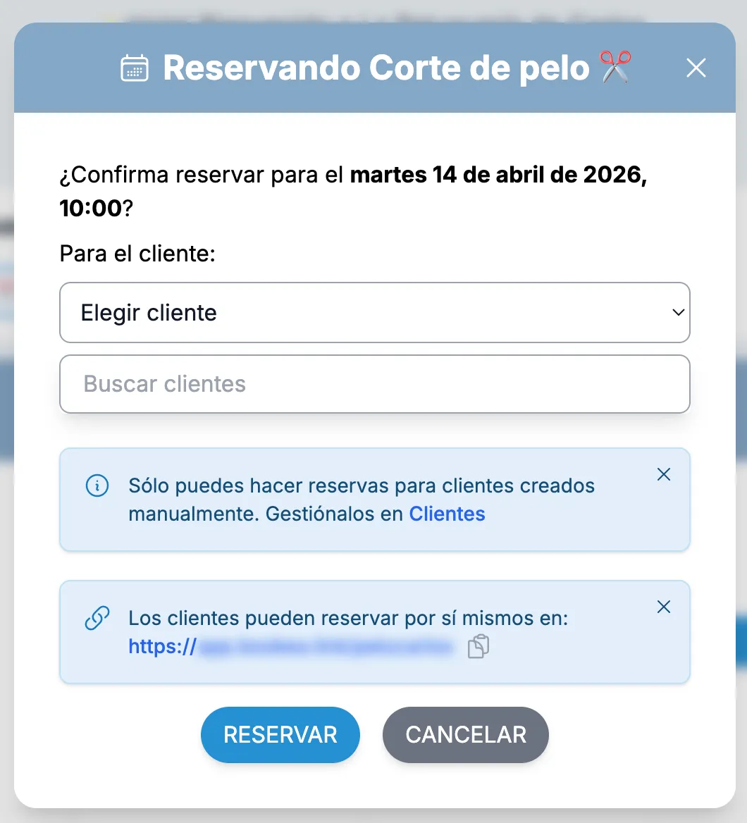 Reserva para un cliente desde la agenda